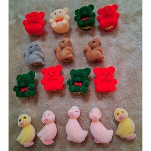 Miniature Flocked Animal Figurines Set Of Bears Ducks Squirrels  Vintage  Made I